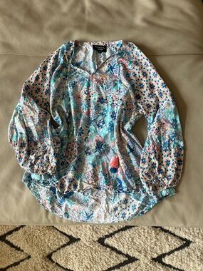 Anthropologie Feathers by Tolani Teal & Coral Boho Tunic w Tassel Tie